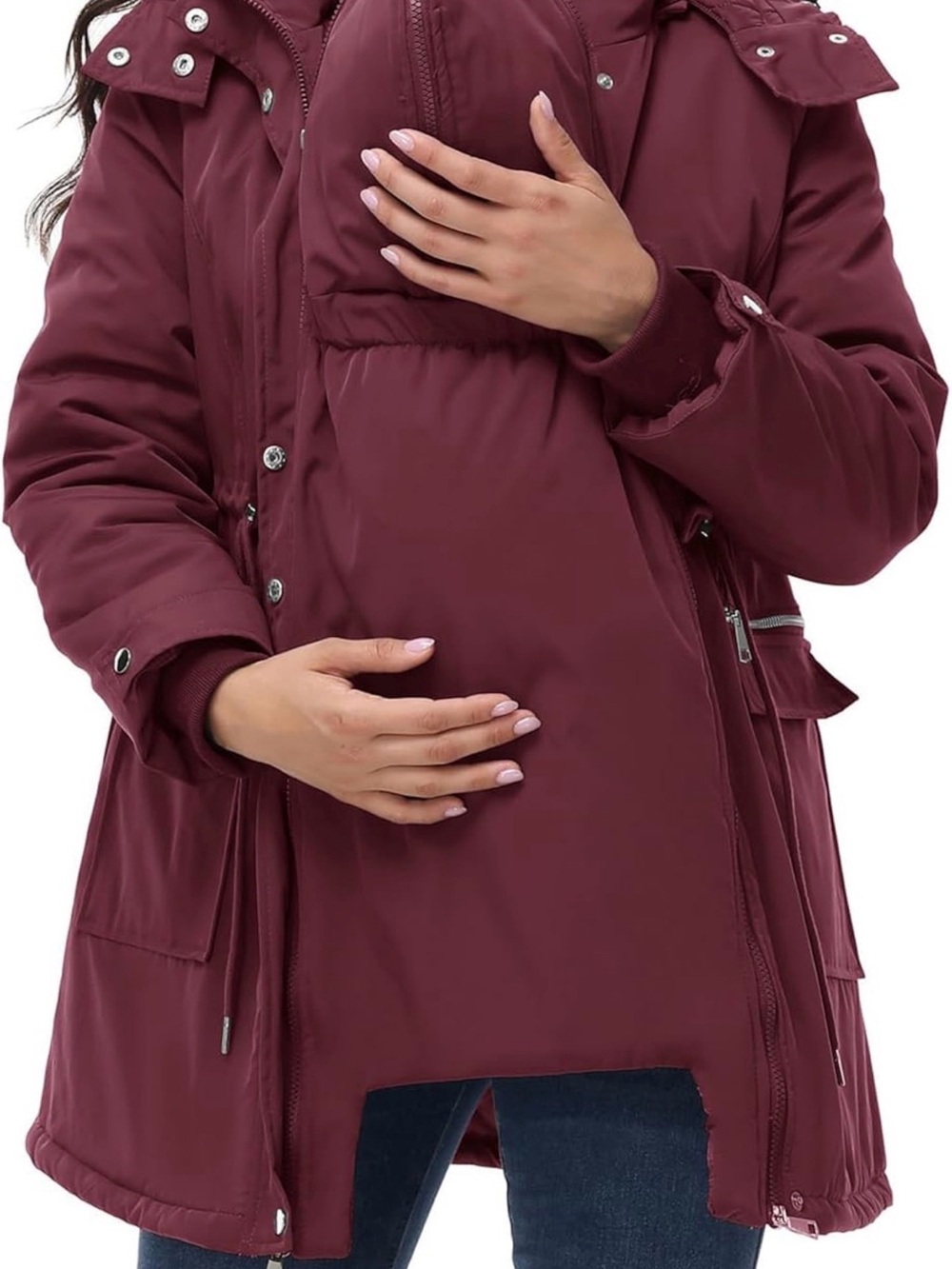 Maternity and Baby Wearing 3-in-1 Puffer Jacket in Deep Burgundy